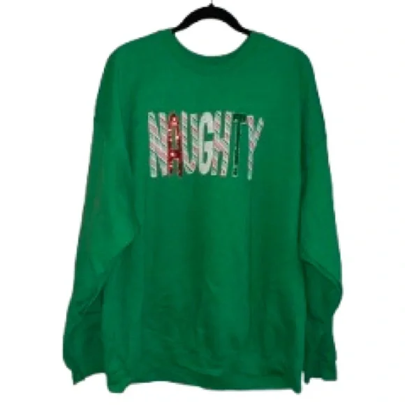 Gildan Green Holiday 'NAUGHTY' Crewneck - Size 2XSweatshirt - Picture 1 of 4